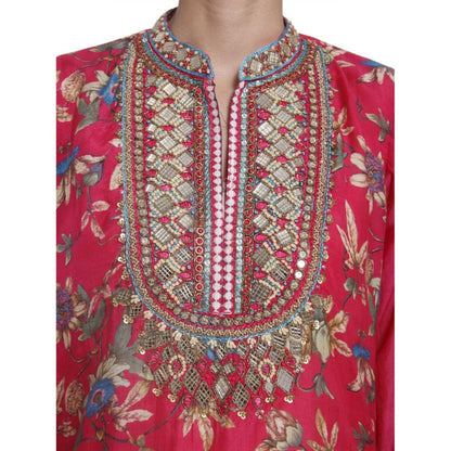Gopi Vaid Viscose Printed Pink Straight Cut Kurta With Mirror Beads Work