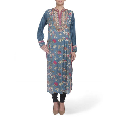 Gopi Vaid Viscose Printed Blue Straight Cut Kurta With Mirror Beads Work