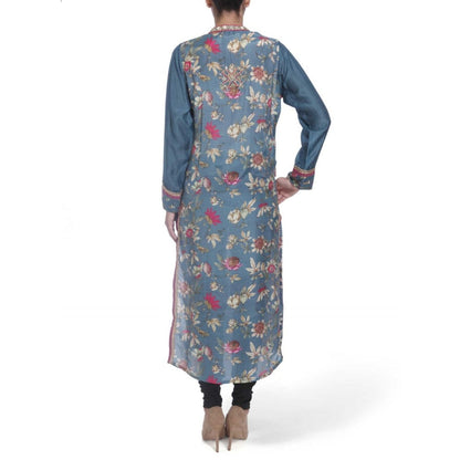 Gopi Vaid Viscose Printed Blue Straight Cut Kurta With Mirror Beads Work