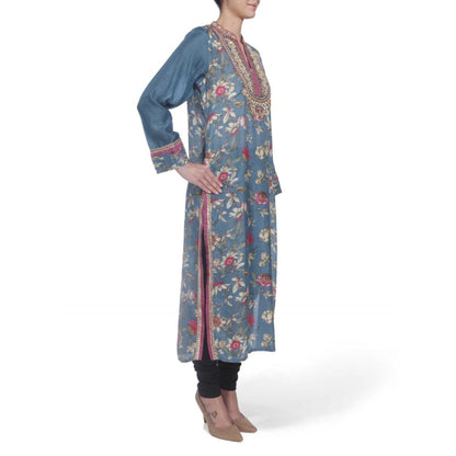 Gopi Vaid Viscose Printed Blue Straight Cut Kurta With Mirror Beads Work