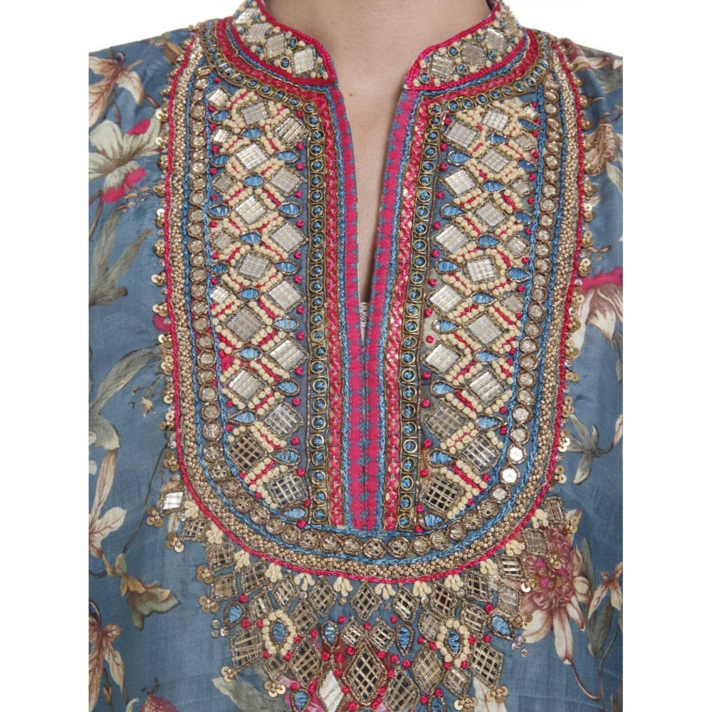 Gopi Vaid Viscose Printed Blue Straight Cut Kurta With Mirror Beads Work