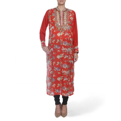 Gopi Vaid Viscose Printed Red Straight Cut Kurta With Mirror Beads Work