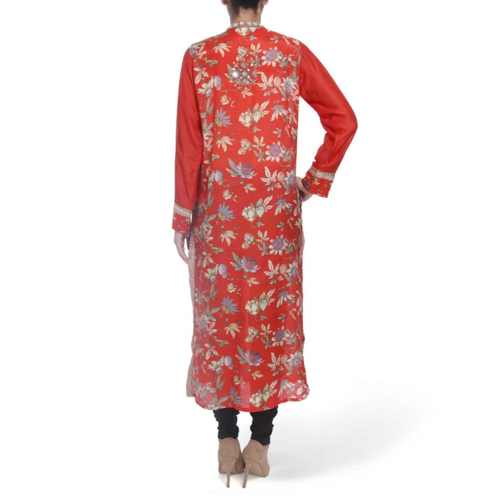 Gopi Vaid Viscose Printed Red Straight Cut Kurta With Mirror Beads Work