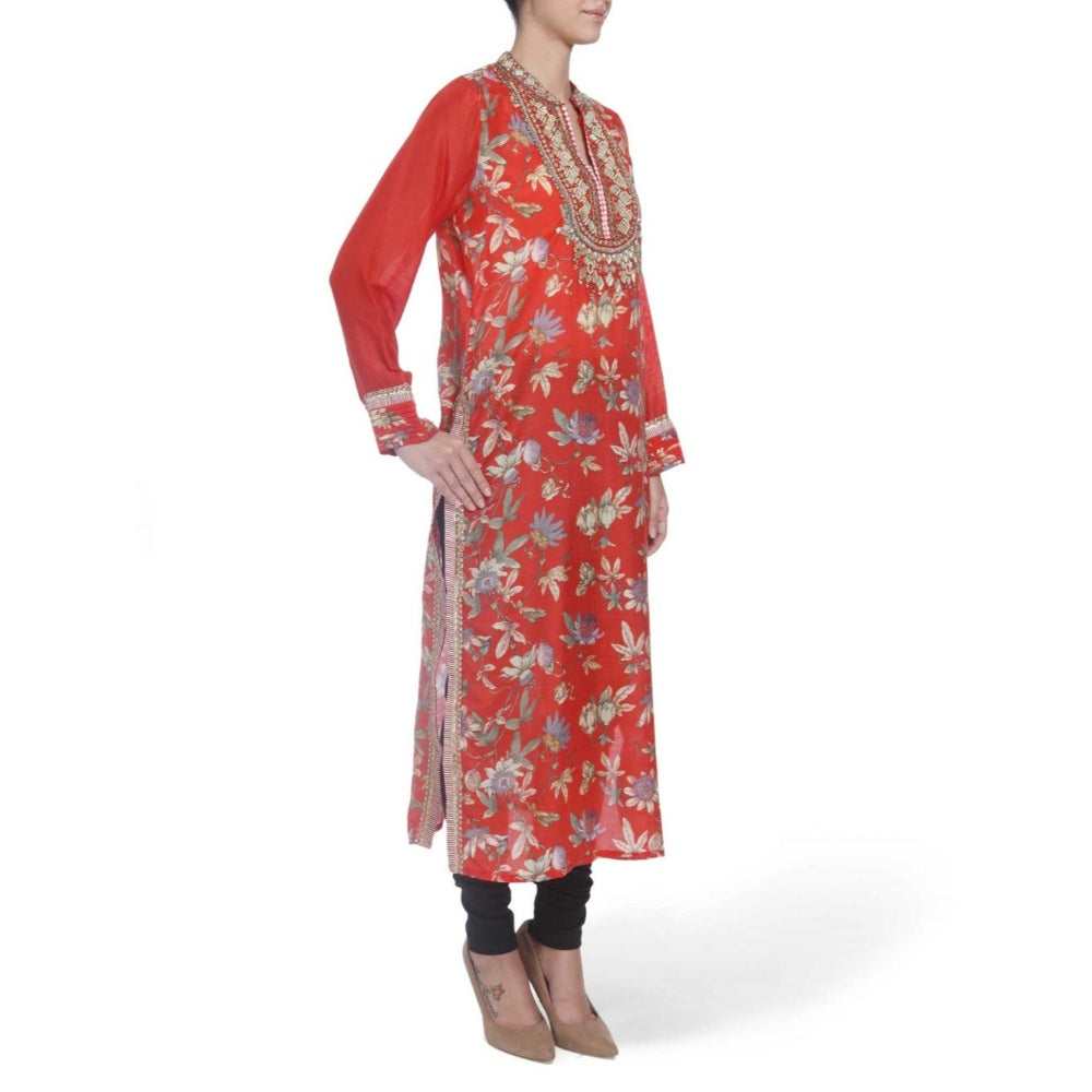 Gopi Vaid Viscose Printed Red Straight Cut Kurta With Mirror Beads Work