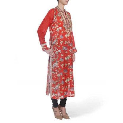 Gopi Vaid Viscose Printed Red Straight Cut Kurta With Mirror Beads Work