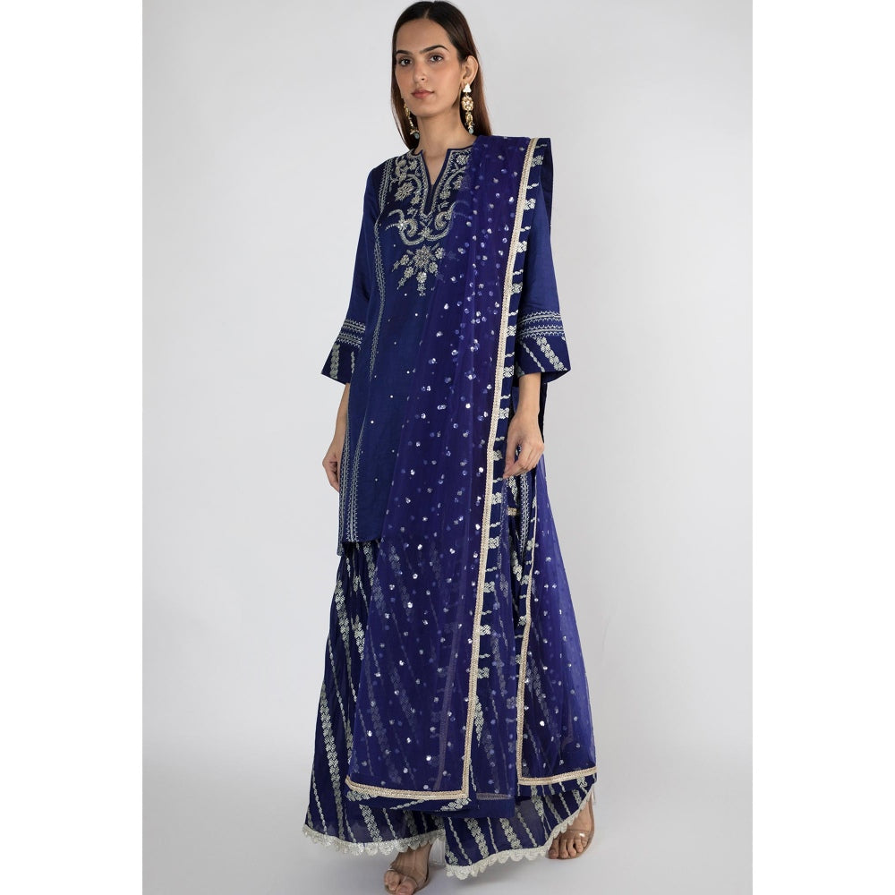 Gopi vaid Navy Blue Embroidered Kurta With Sharara & Dupatta (Set of 3)
