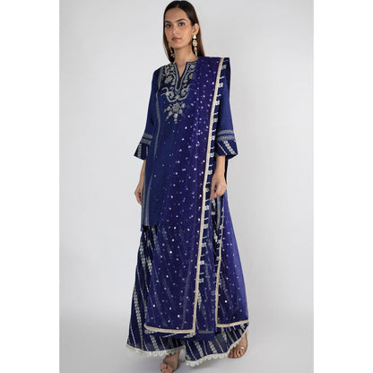 Gopi vaid Navy Blue Embroidered Kurta With Sharara & Dupatta (Set of 3)