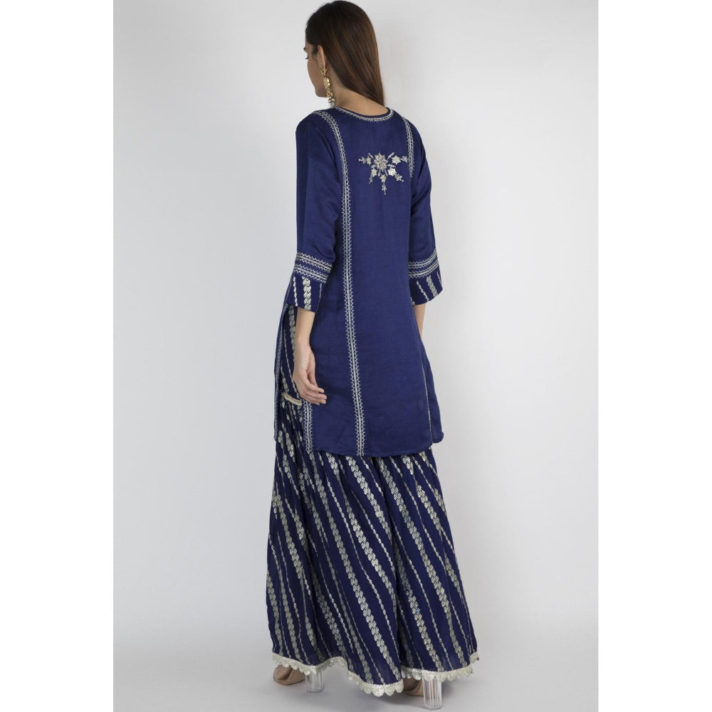 Gopi vaid Navy Blue Embroidered Kurta With Sharara & Dupatta (Set of 3)