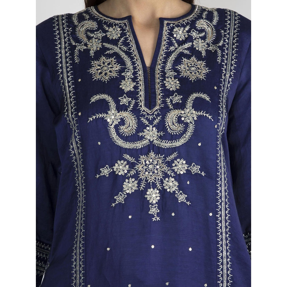 Gopi vaid Navy Blue Embroidered Kurta With Sharara & Dupatta (Set of 3)