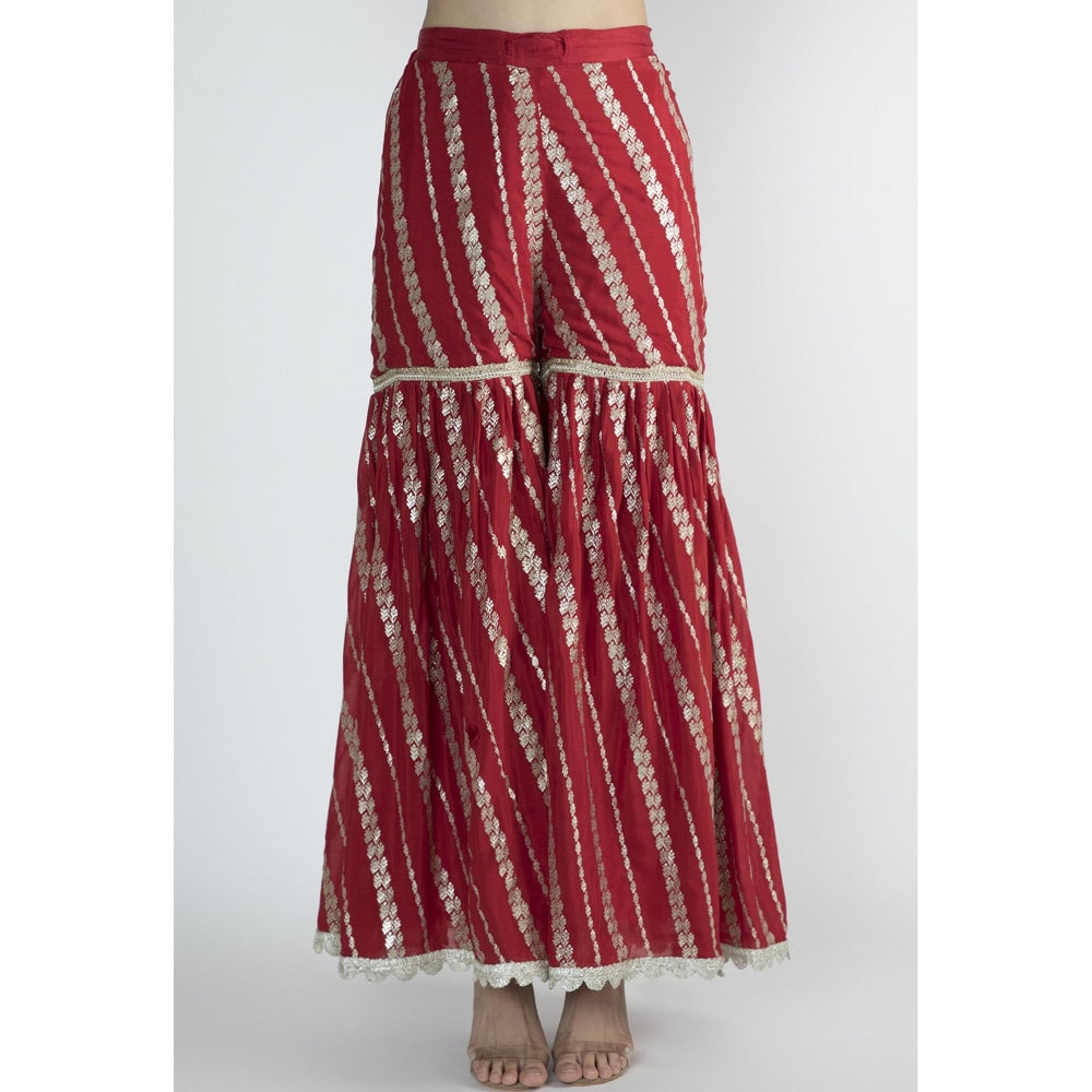 Gopi vaid Red Embroidered Kurta With Sharara & Dupatta (Set of 3)