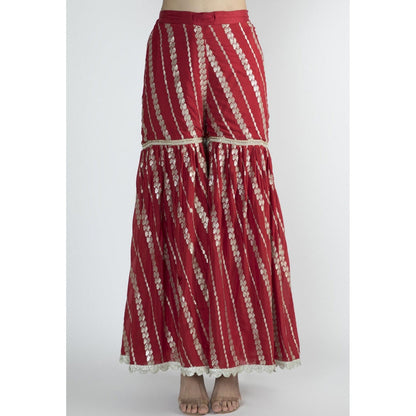 Gopi vaid Red Embroidered Kurta With Sharara & Dupatta (Set of 3)