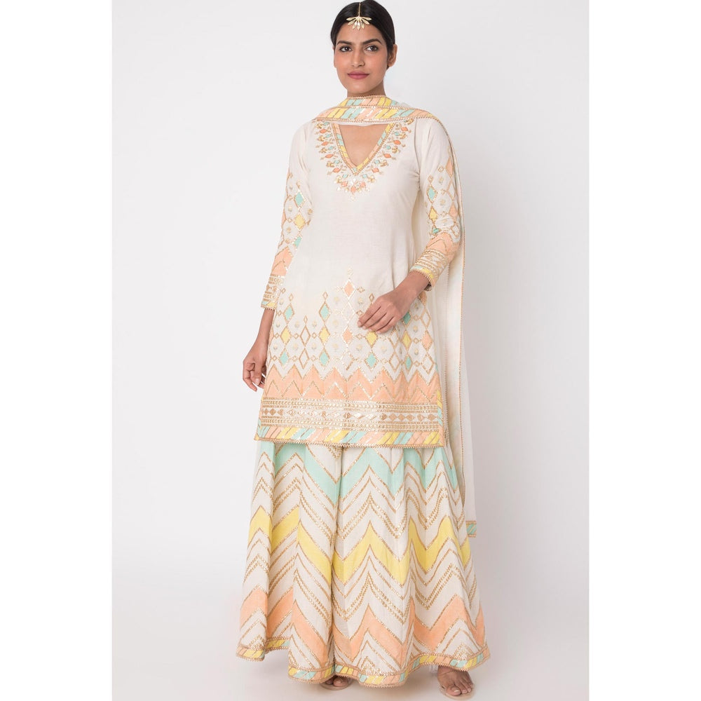 Gopi vaid Off White Gota Work Kurta With Sharara & Dupatta (Set of 3)