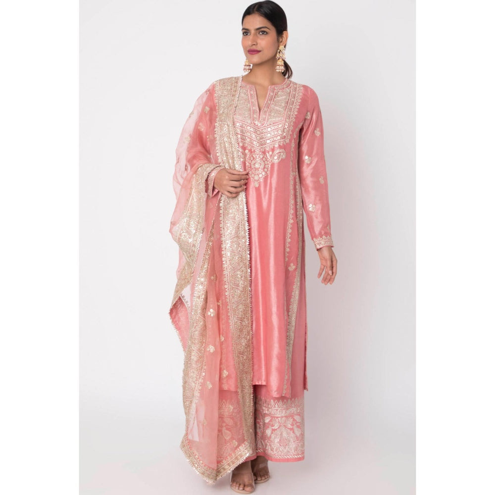 Gopi vaid Pink Embroidered Kurta With Palazzo & Dupatta (Set of 3)