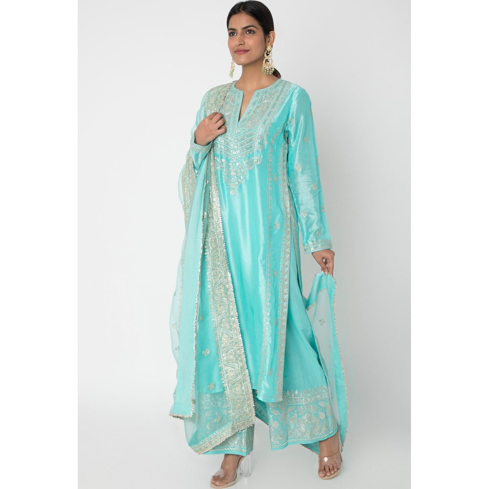 Gopi vaid Turquoise Embroidered Kurta With Palazzo & Dupatta (Set of 3)