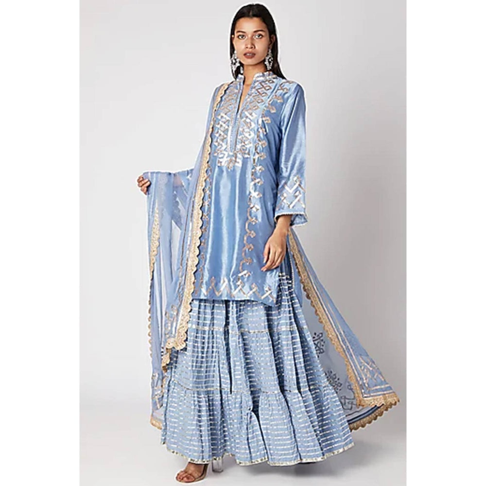 Gopi vaid Blue Gota Work Kurta With Sharara & Dupatta (Set of 3)