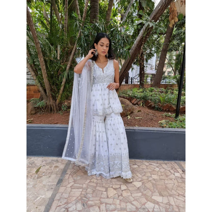 Gopi Vaid Embellished Chand Sleeveless Peplum And Gharara With Dupatta (Set of 3)