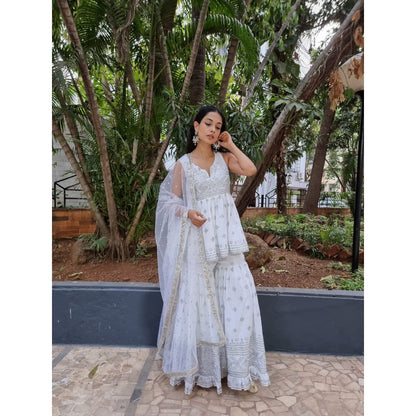 Gopi Vaid Embellished Chand Sleeveless Peplum And Gharara With Dupatta (Set of 3)