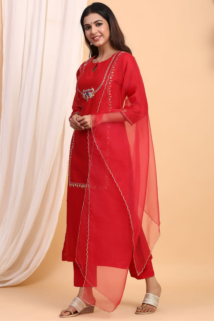 Gillori Chanderi Red Suit set with dupatta