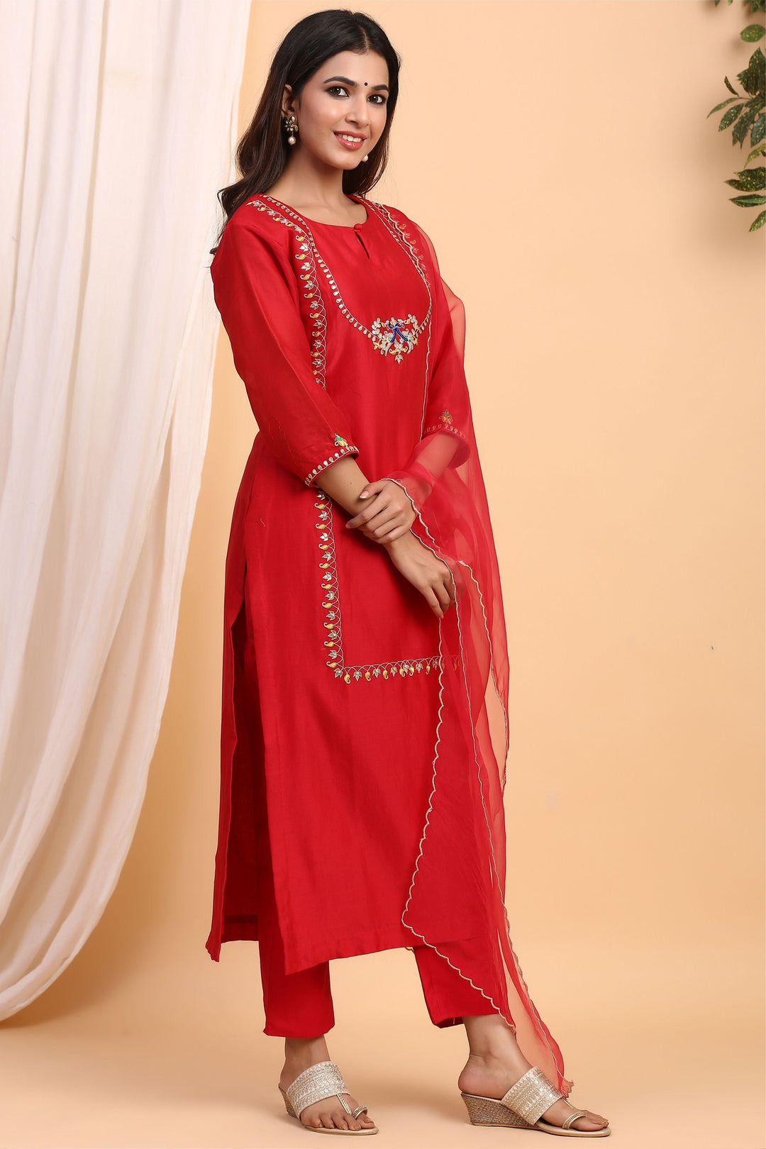 Gillori Embroidered Chanderi wedding dress for women Red