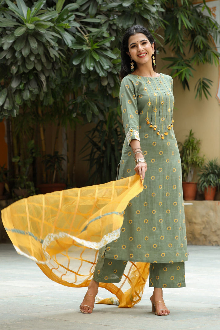 Marigold Cotton Suit Set With Dupatta