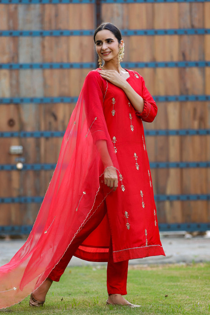 Navya Embroidered Red Silk Suit Set