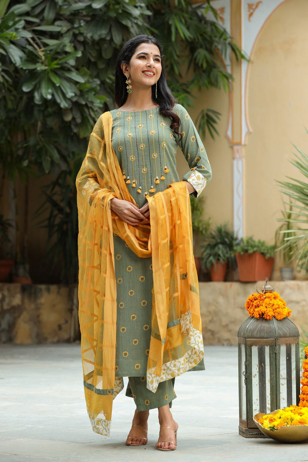 Marigold Cotton Suit Set With Dupatta