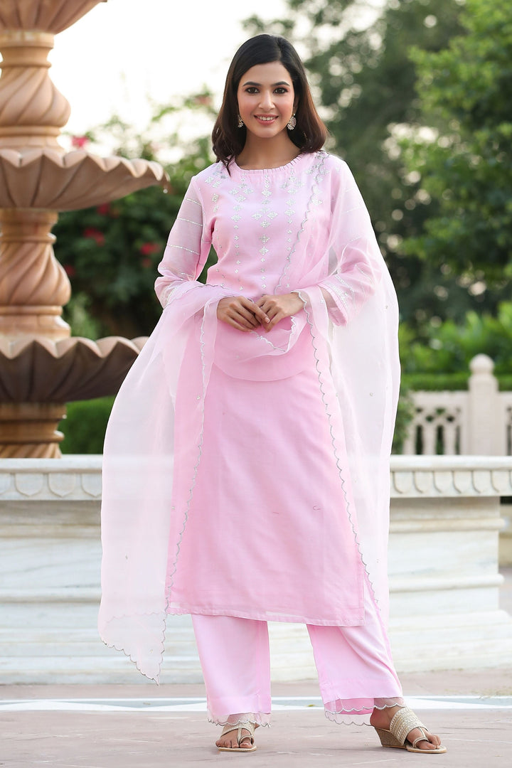 Gillori Moonstone Pink Pure Chanderi Suit Set