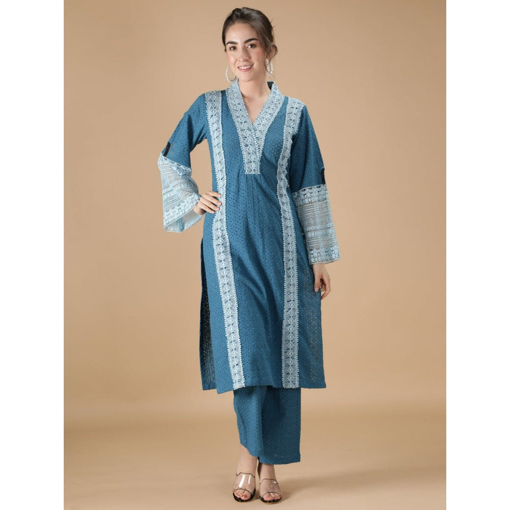 HANDME Blue Lace Embroidered Kurta and Pant (Set of 2)