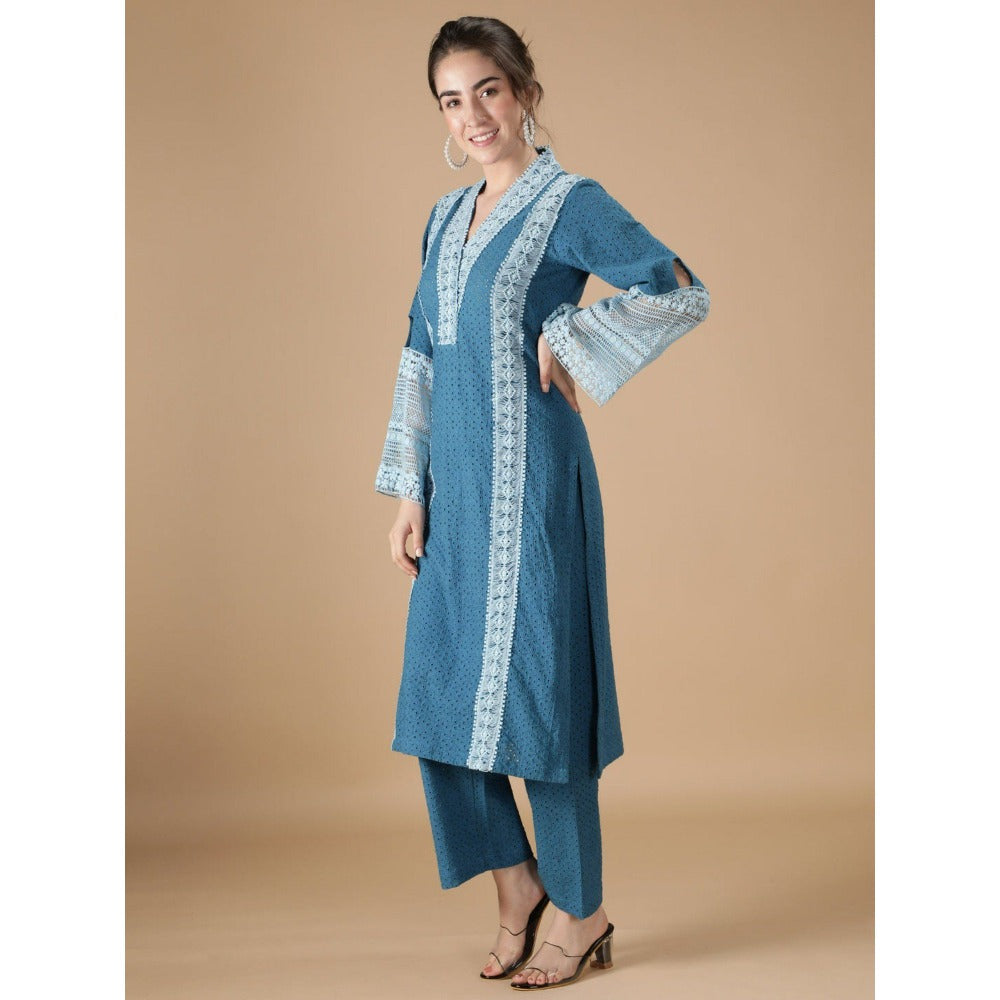 HANDME Blue Lace Embroidered Kurta and Pant (Set of 2)