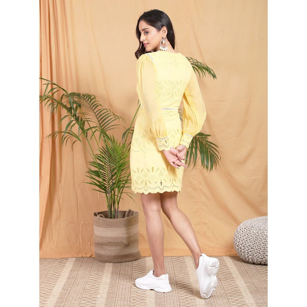 HANDME Yellow Embroidered Dress with Organza Sleeves