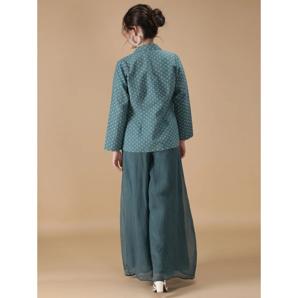 HANDME Blue Co-Ord with Thread Work Jacket (Set of 3)