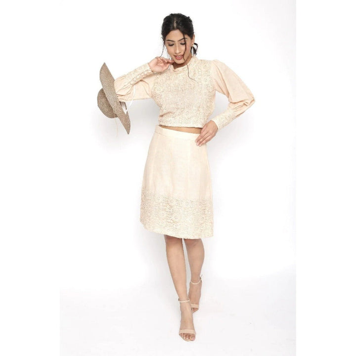 HANDME Linen Embroidered Lace Co-Ord - Beige (Set of 2)