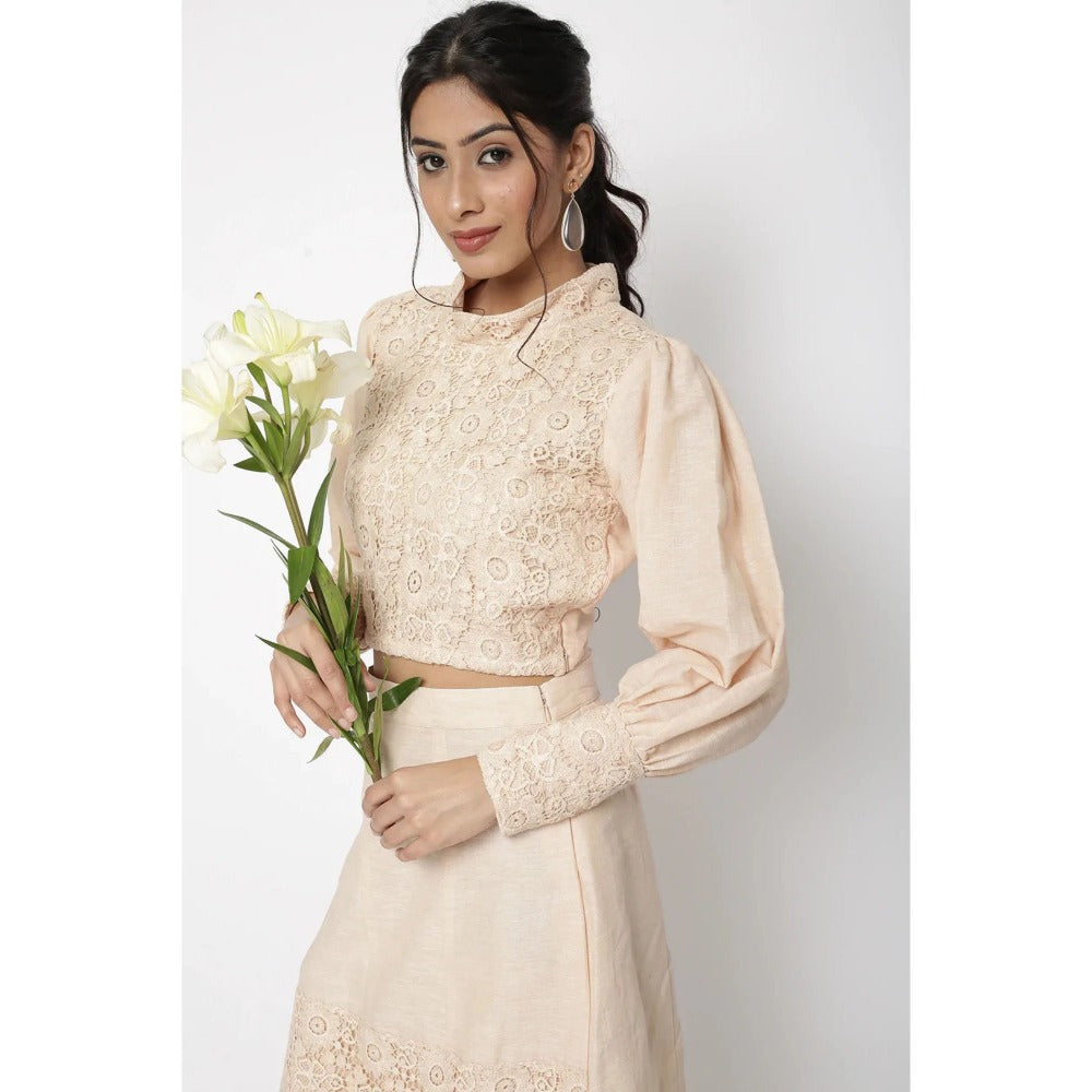 HANDME Linen Embroidered Lace Co-Ord - Beige (Set of 2)