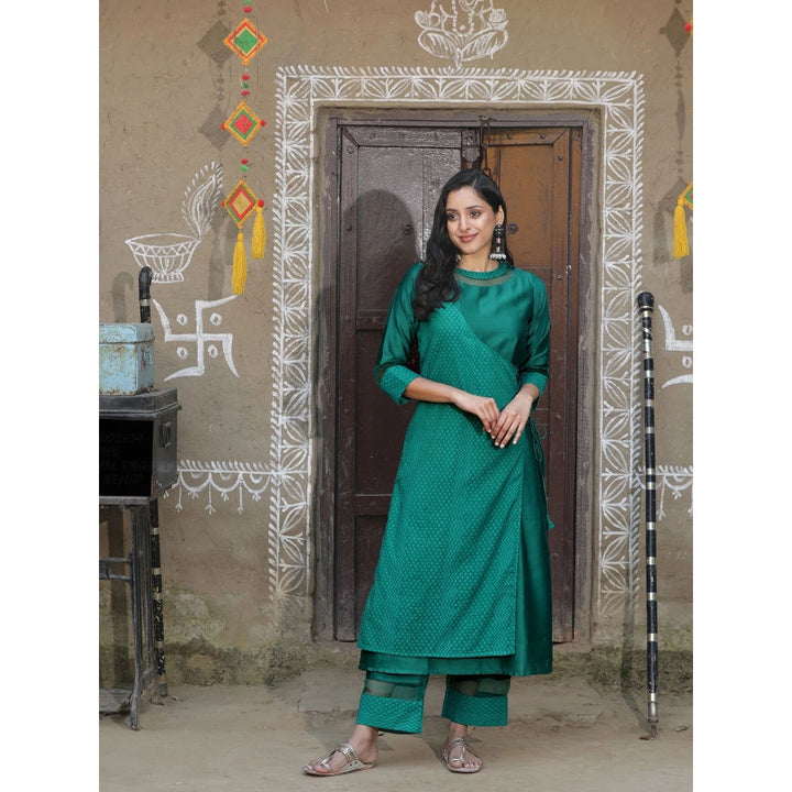 HANDME Elegant Green Silk Angarkha Kurta (Set of 2)