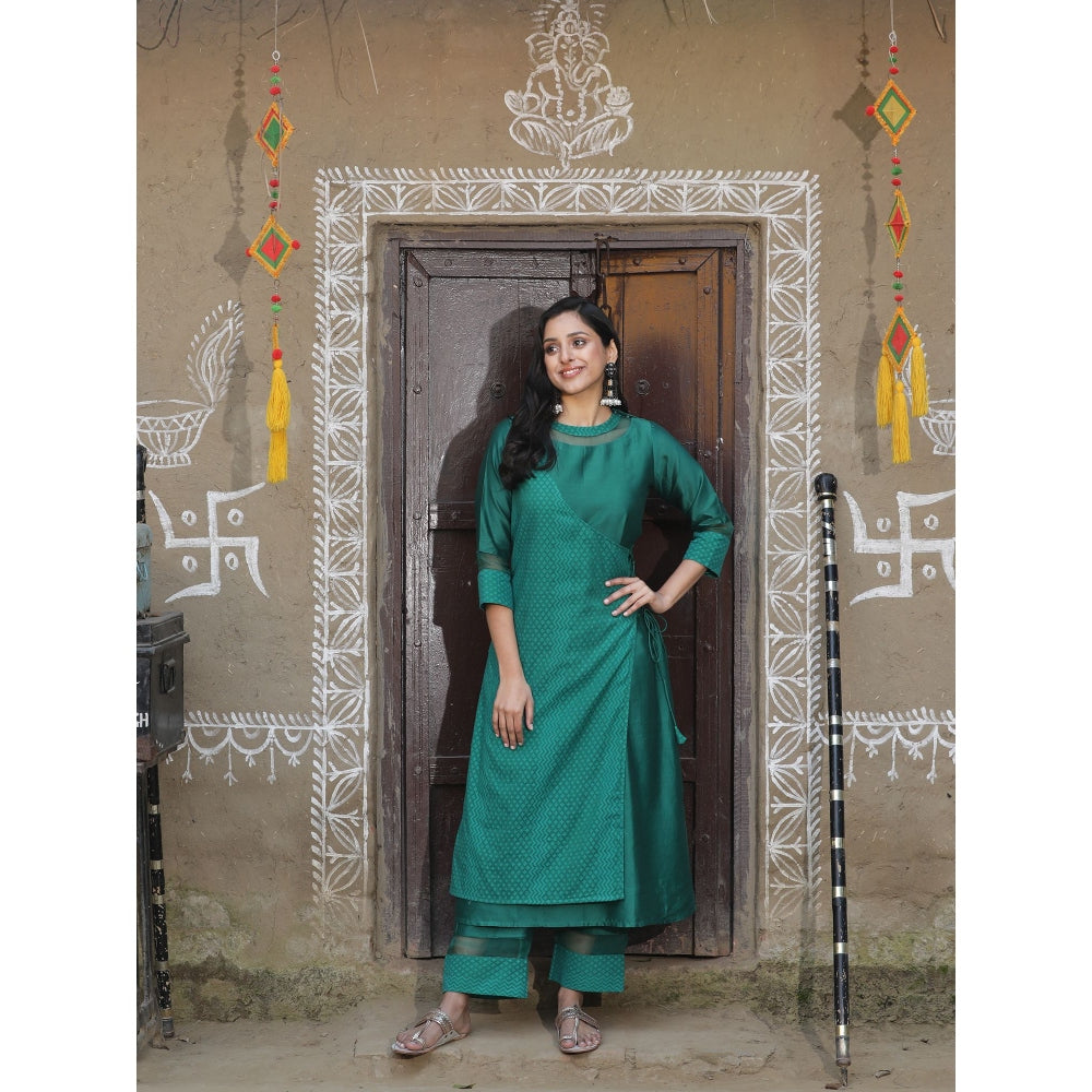 HANDME Elegant Green Silk Angarkha Kurta (Set of 2)