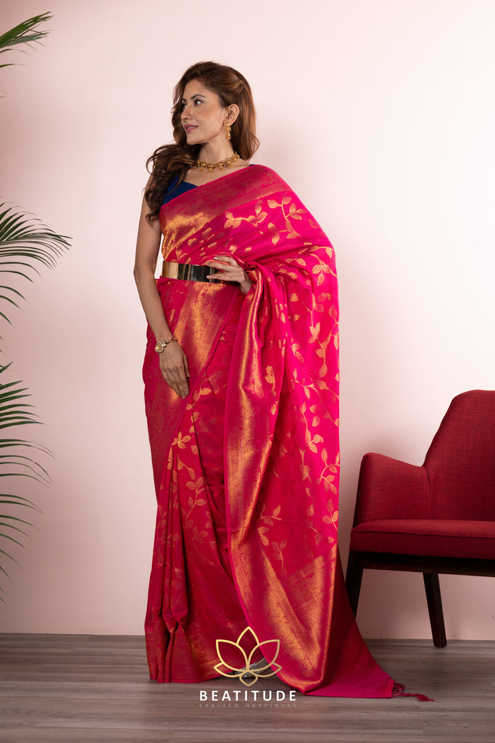 Beatitude Pink Blended Chinon Silk Woven Banarasi Saree with Unstitched Blouse