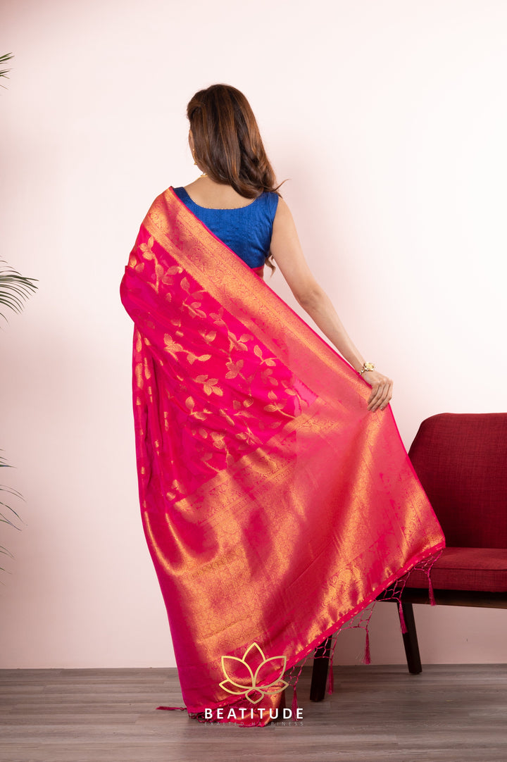 Beatitude Pink Blended Chinon Silk Woven Banarasi Saree with Unstitched Blouse