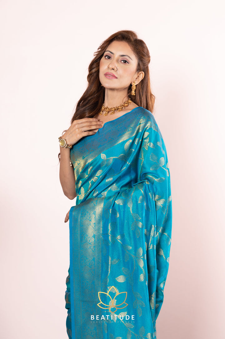 Beatitude Blue Gold-Toned Floral Zari Silk Blend Banarasi Saree with Unstitched Blouse