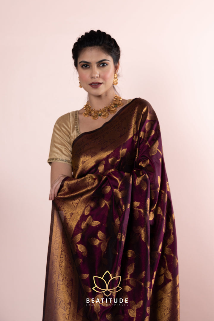 Beatitude Purple Blended Chinon Silk Woven Banarasi Saree with Unstitched Blouse