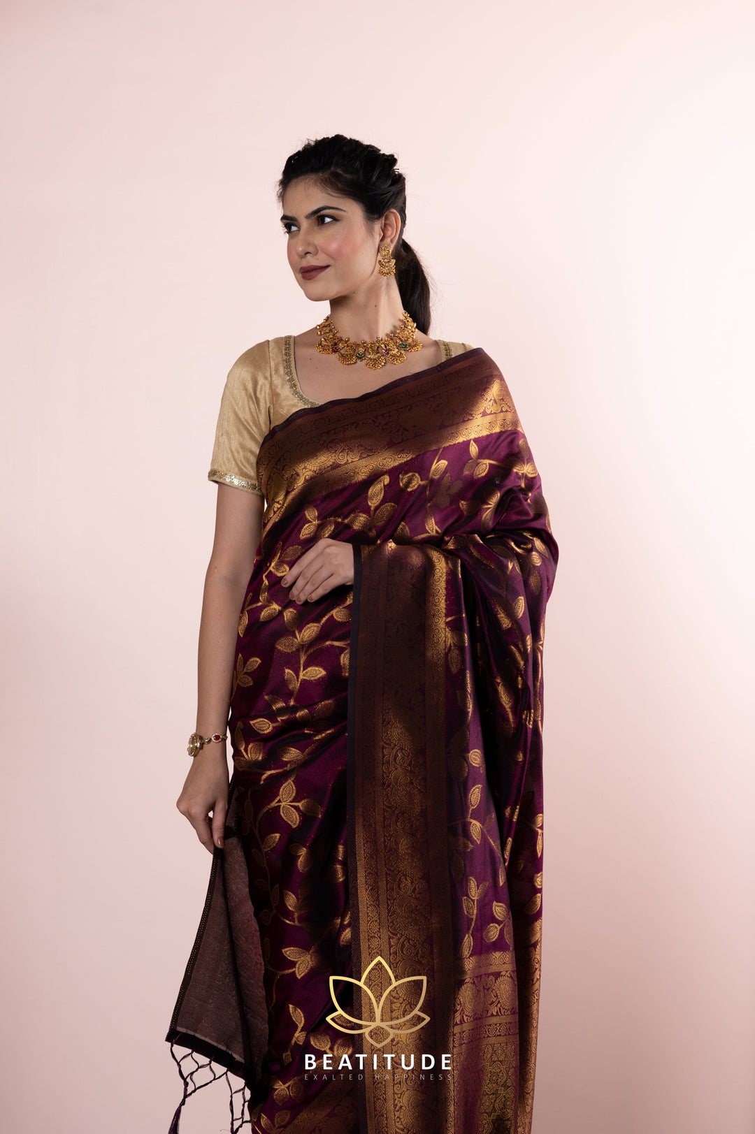 Beatitude Purple Blended Chinon Silk Woven Banarasi Saree with Unstitched Blouse