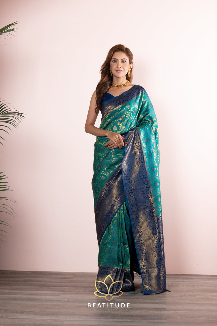 Beatitude Green Blue Zari Silk Blend Banarasi Saree with Unstitched Blouse