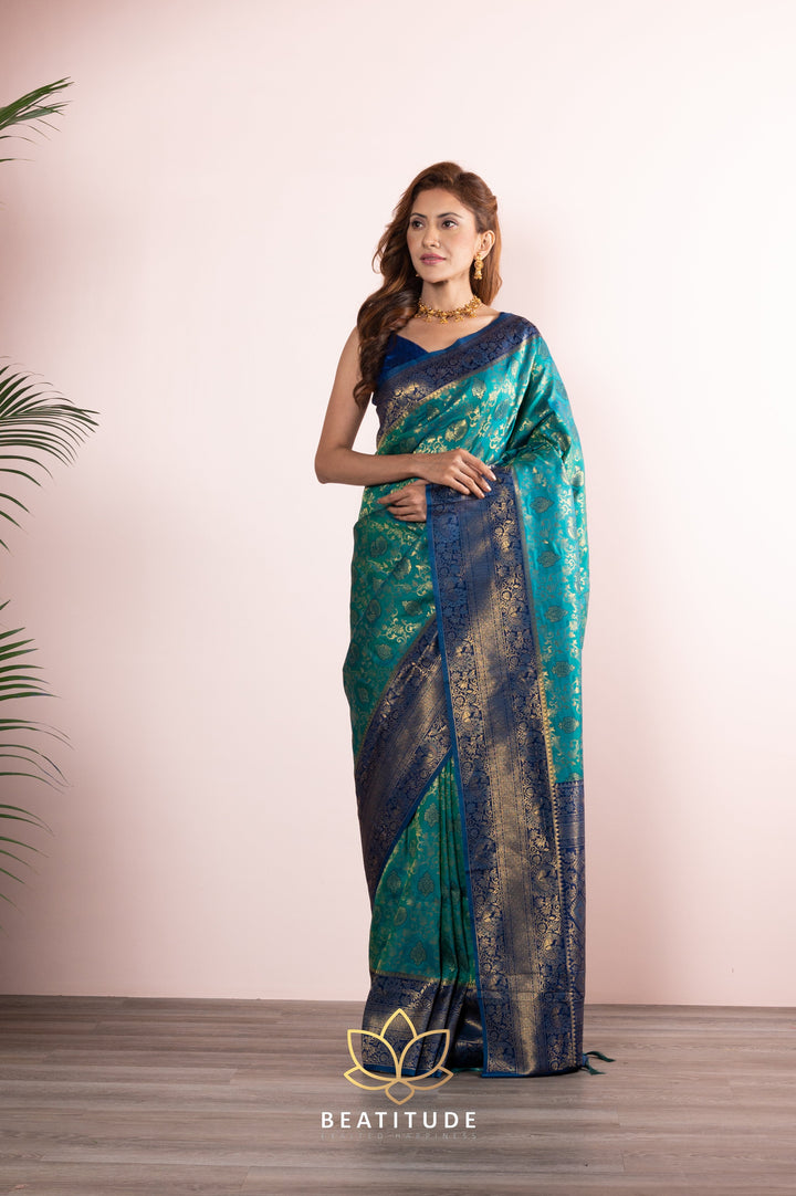 Beatitude Green Blue Zari Silk Blend Banarasi Saree with Unstitched Blouse