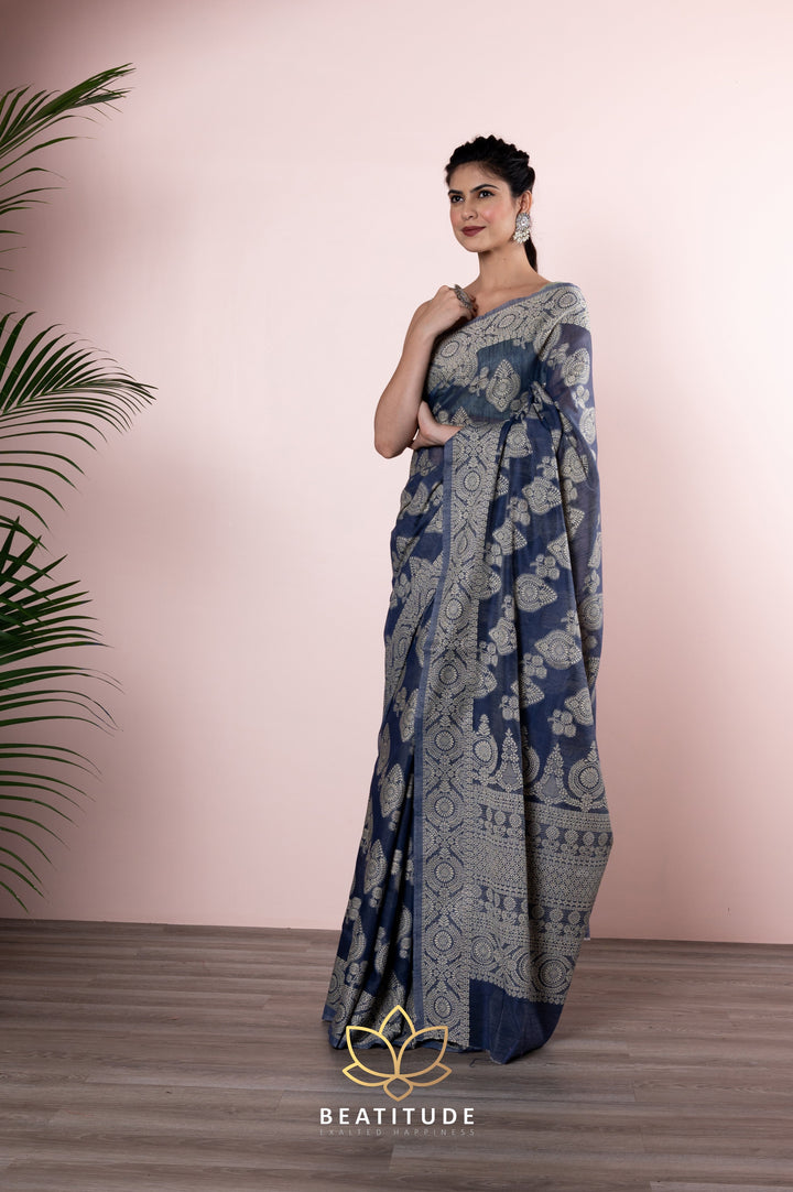Beatitude Grey Navy Blue Ethnic Motifs Saree with Unstitched Blouse