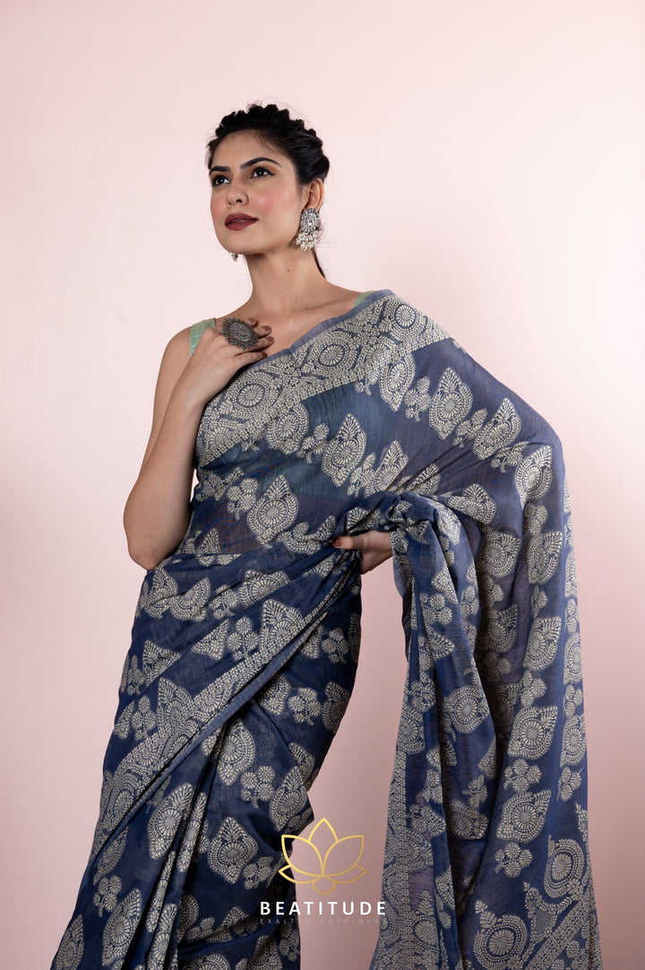 Beatitude Grey Navy Blue Ethnic Motifs Saree with Unstitched Blouse