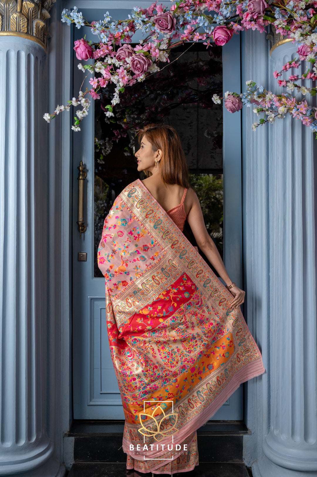 Beatitude Peachish Pink Modal Silk Kashmiri Weaving with Unstitched Blouse
