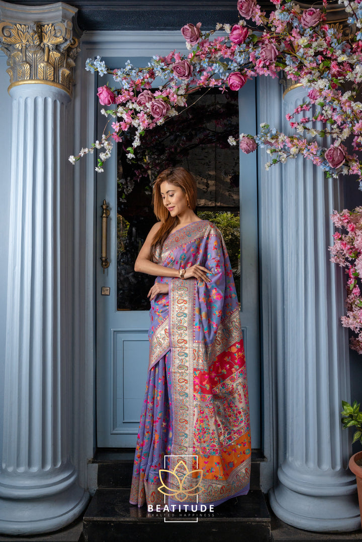 Beatitude Lavender Modal Silk Kashmiri Weaving with Unstitched Blouse