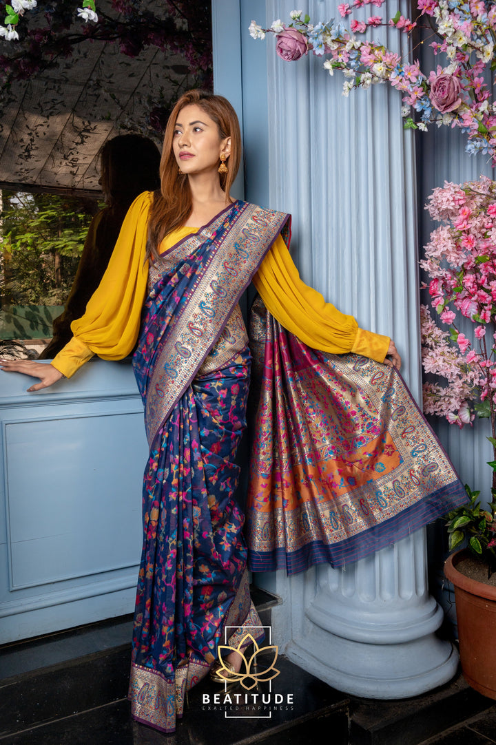 Beatitude Navy Blue Modal Silk Kashmiri Weaving with Unstitched Blouse