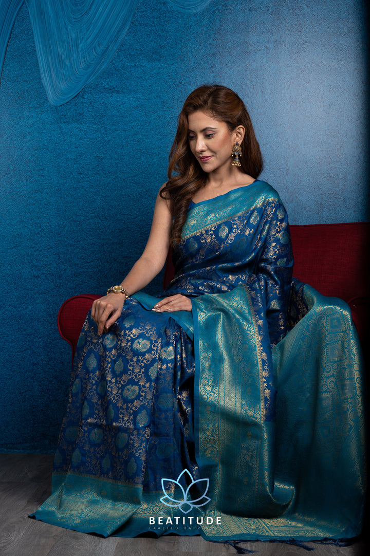 Beatitude Blue Green Woven Design Zari Silk Blend Banarasi Saree with Unstitched Blouse