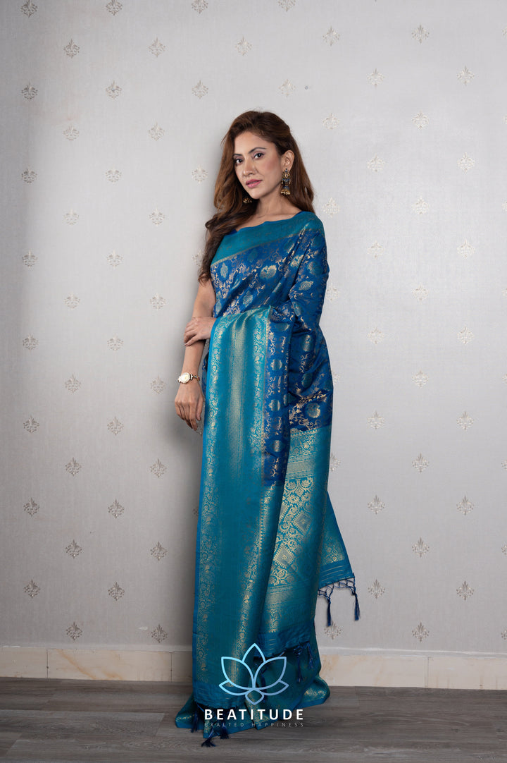 Beatitude Blue Green Woven Design Zari Silk Blend Banarasi Saree with Unstitched Blouse