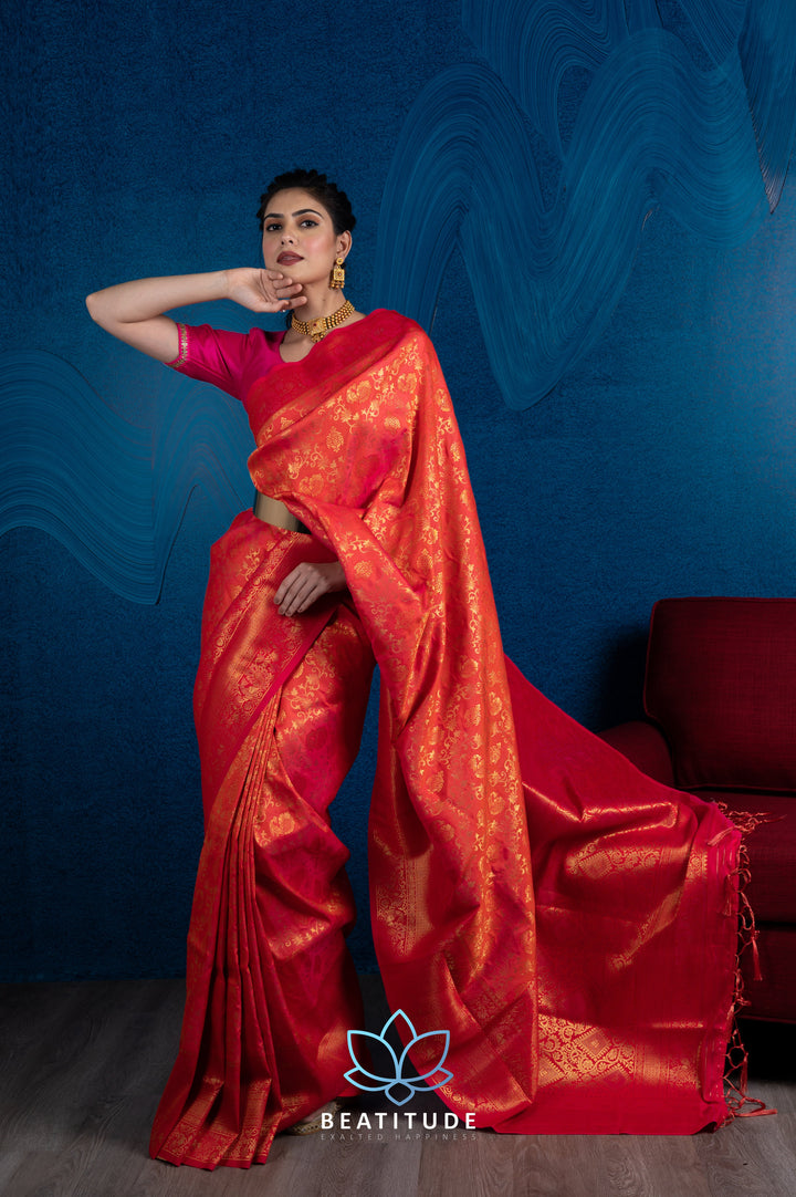 Beatitude Pink Gold-Toned Ethnic Motifs Zari Silk Blend Banarasi Saree with Unstitched Blouse